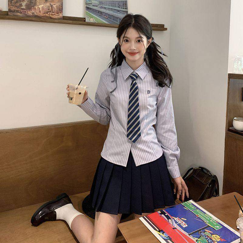 刺绣蓝色套装条纹jk原创制服衬衫收腰长袖上衣2025学院新款衬衣