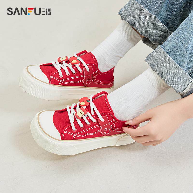 三福女低帮板鞋夏季活力萌趣芒果大头中厚底帆布鞋女鞋840477