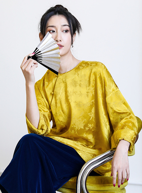 桃知窈窈2024春/蜜语 中式文艺花鸟纹盘扣八分袖圆领套头衬衫纯色