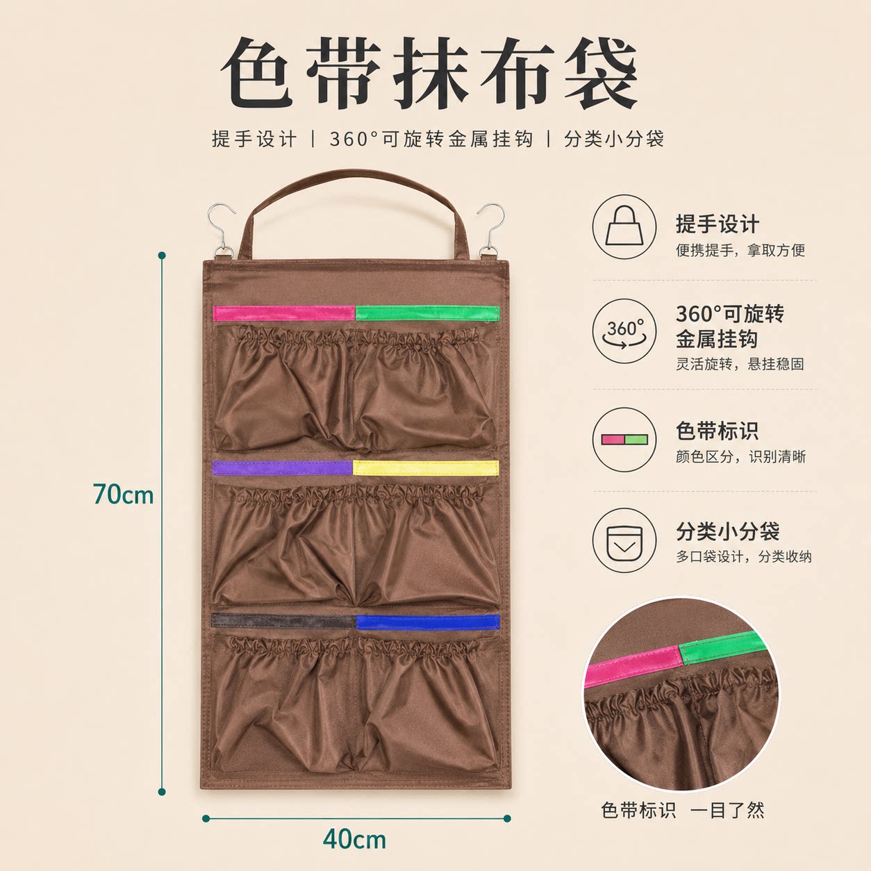 维也纳全季亚朵酒店五色挂钩抹布袋酒店客房专用抹布袋双面收纳袋图片