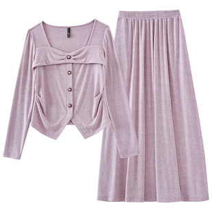 宽松休闲半身裙套装 方领T恤时尚 长袖 DQ359 书婷专享