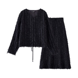 DR127 气质高级感收腰流苏上衣半身裙套装 书婷专享