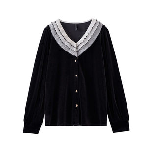 【年度大清仓】海军风多层花边拼接V领丝绒衬衫SR130