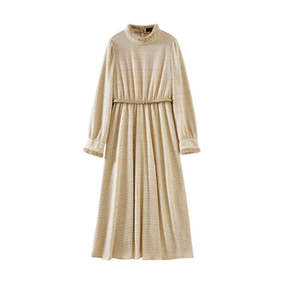 毛条立领休闲腰带蕾丝气质连衣裙DQ133 年终大清仓