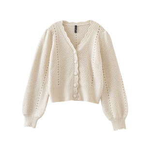 酒红色毛衣外套SR011 V领镂空亮丝灯笼袖 欢欢粉丝专享