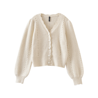 欧昵雪V领镂空亮丝毛衣开衫女