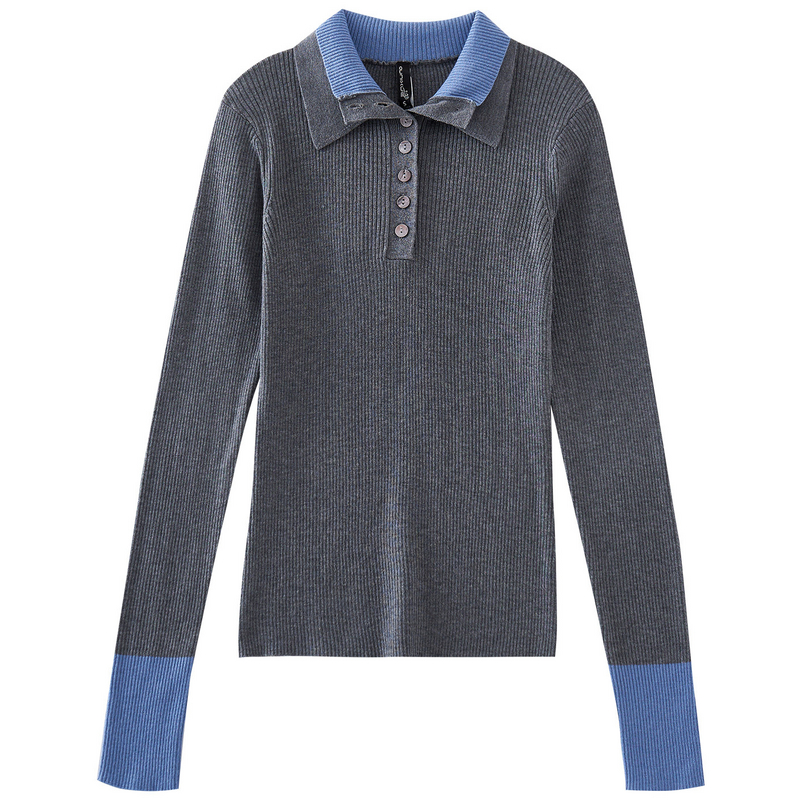 欧昵雪双层翻领撞色修身毛衣女