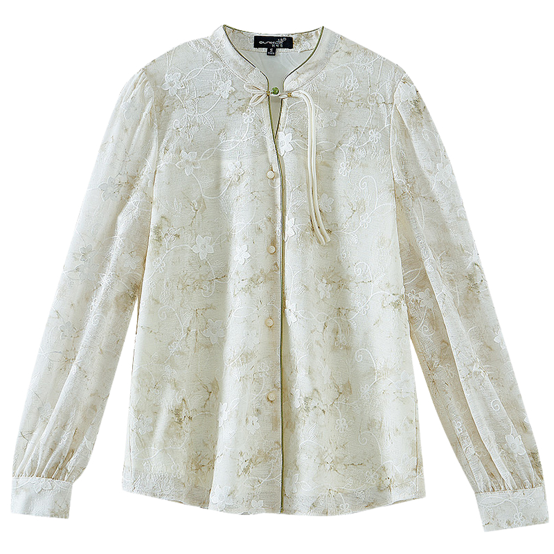 长袖中式立领盘扣绣花印花衬衫