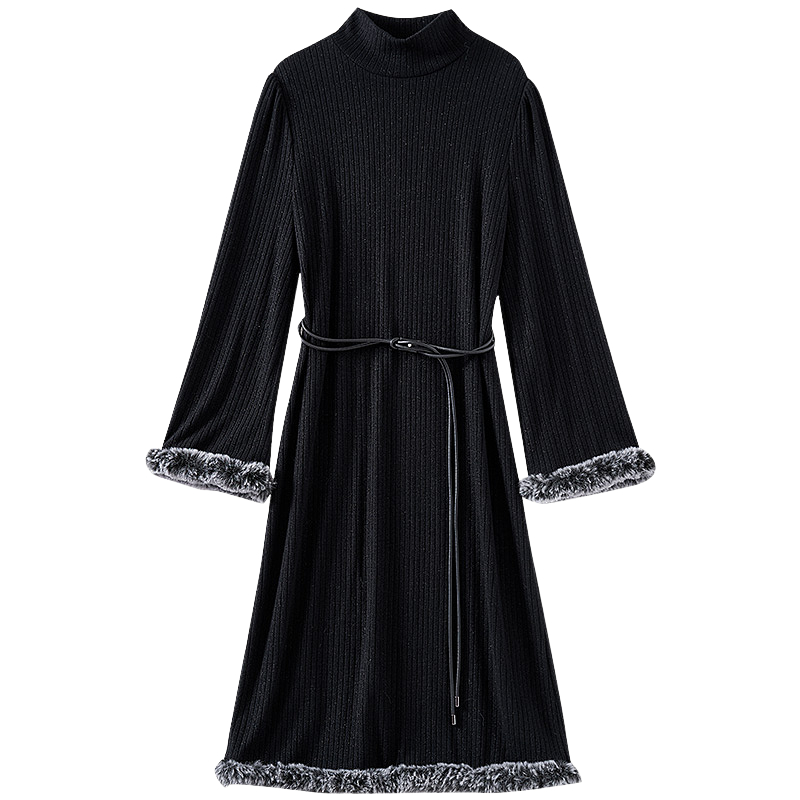 【爆米花专享】长袖拼接半高领时尚休闲打底毛衣连衣裙DQ135