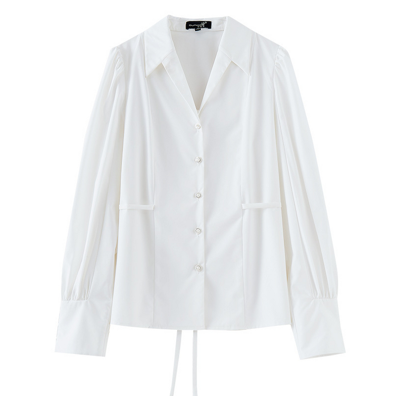 长袖简约翻驳领宽松休闲白衬衫