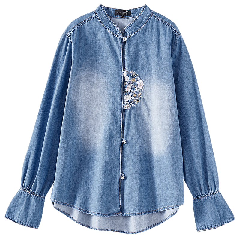 长袖立领纯棉绣花牛仔衬衫上衣