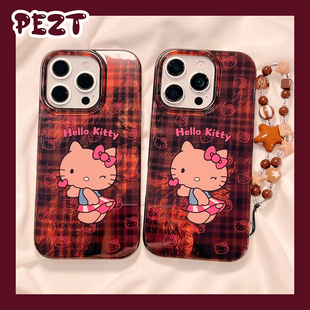 卡通猫咪少女心格纹适用苹果17手机壳可爱iphone16promax带手链17promax新款15防摔13套15Pro女14硅胶16全包