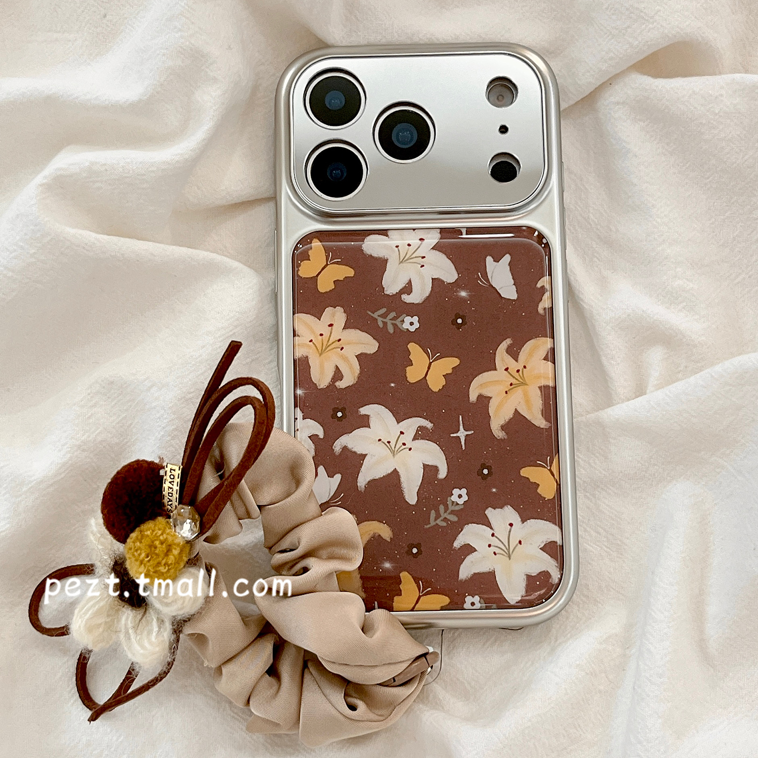 ins风花朵闪粉手机壳电镀滴胶