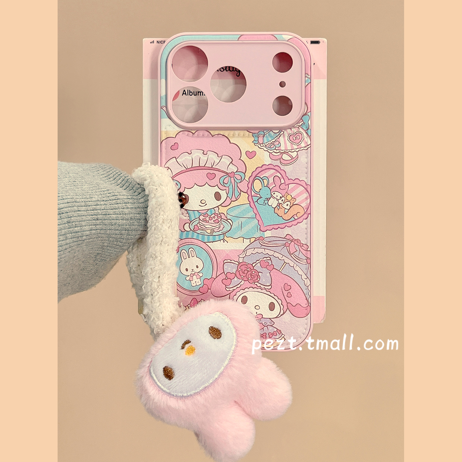 粉色美乐蒂手机壳皮质带挂绳