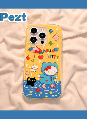 可爱下雨穿雨衣hellokitty适用苹果16手机壳网红iphone17promax新款13防摔14ProMax卡通15女款16Pro硅胶全包