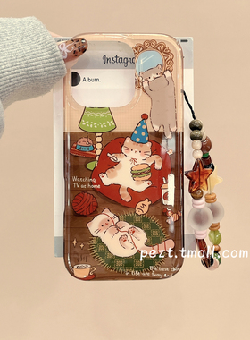 萌系可爱卡通猫咪适用苹果17手机壳挂绳iphone16promax带手链17promax有趣新款13保护套15Pro防摔14女16全包