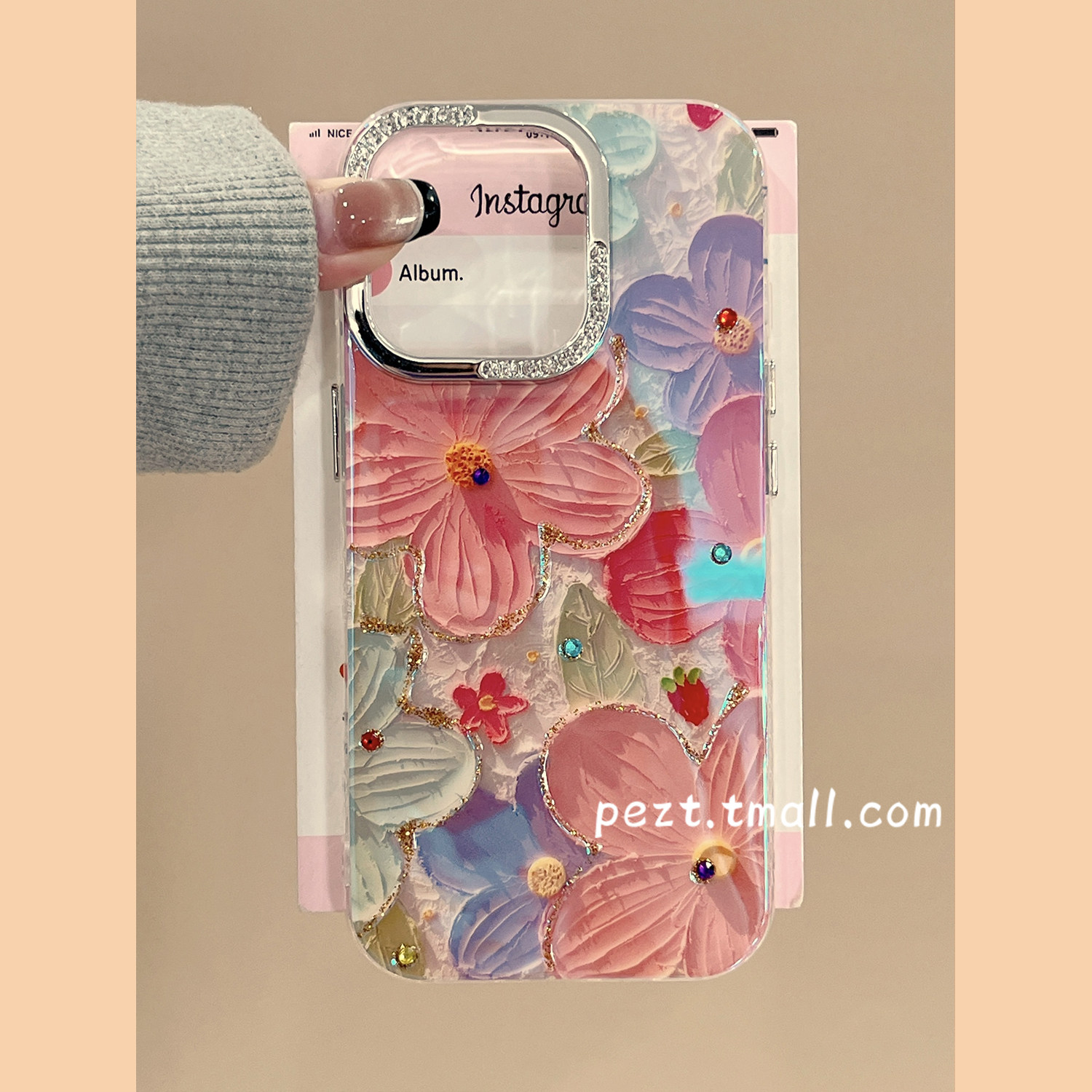 油画花朵蓝光适用苹果17手机壳镭射闪钻iphone16promax新款13防摔11保护套15ProMax高级12轻奢14女16Pro全包