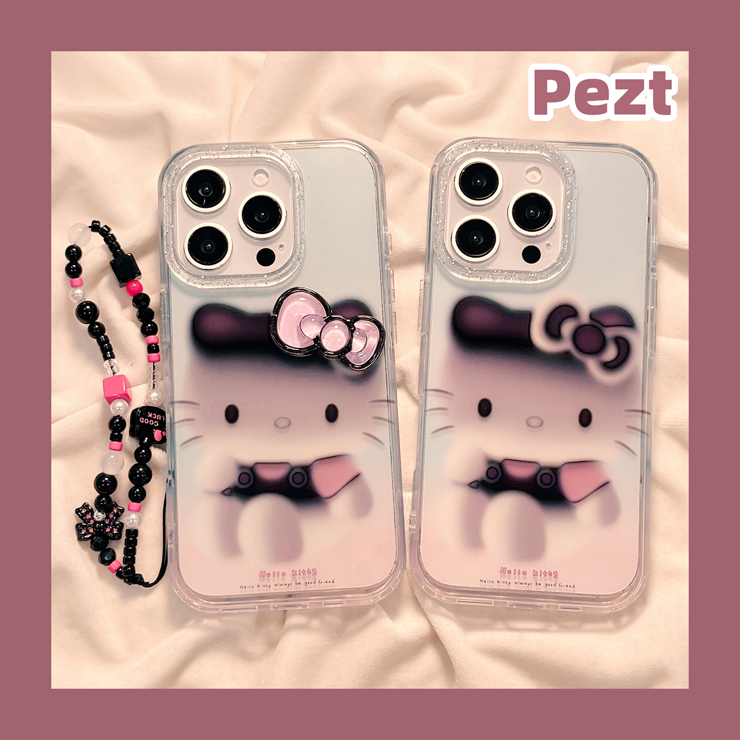 可爱蝴蝶结黑墨hellokitty适用苹果17手机壳手链iphone16promax新款13防摔套15ProMax闪粉14女16Pro硅胶全包