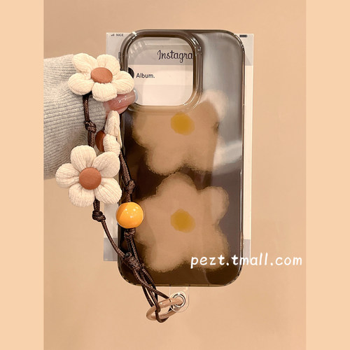 ins风油画棕色花朵手机壳带手链