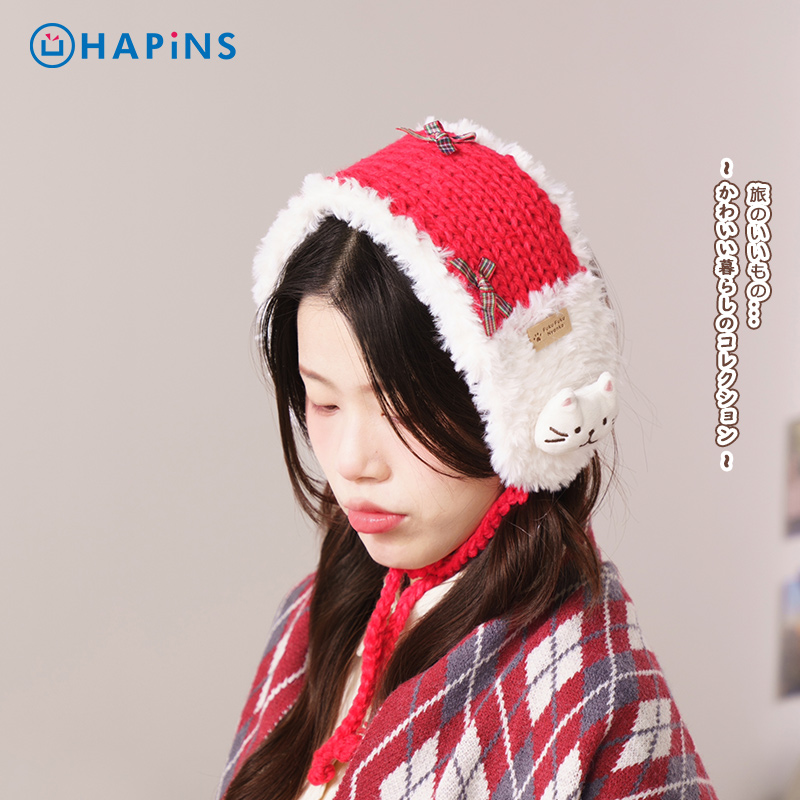 日本HAPiNS蝴蝶结耳捂子毛线耳罩毛茸茸猫围脖可爱两用情人节礼物