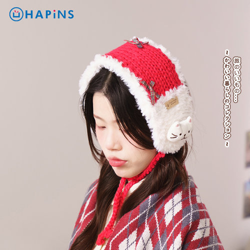 HAPiNS蝴蝶结耳捂子毛线耳罩毛茸茸猫围脖可爱两用圣诞节礼物