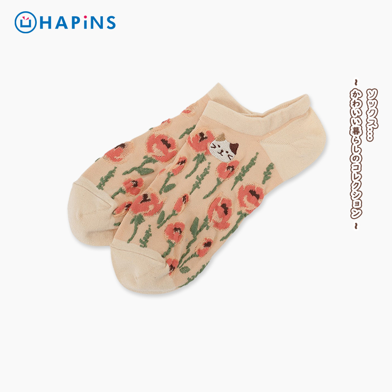 日本HAPiNS猫咪花朵袜子女春夏款袜浅口卡通中筒袜防滑不掉跟可爱
