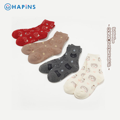 HAPiNS女袜子百搭小众穿搭中筒袜中筒春夏2025新款长袜三花猫