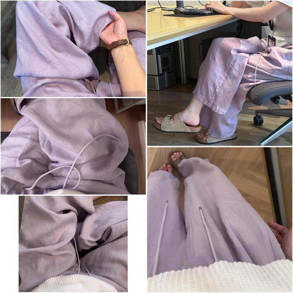 粉紫色亚麻感阔腿休闲裤女夏季薄款宽松显瘦垂坠感直筒棉麻冰丝裤