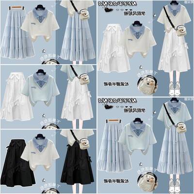 少女夏装2026新款学院风假两件洋装女夏短袖女大童甜美裙子套装
