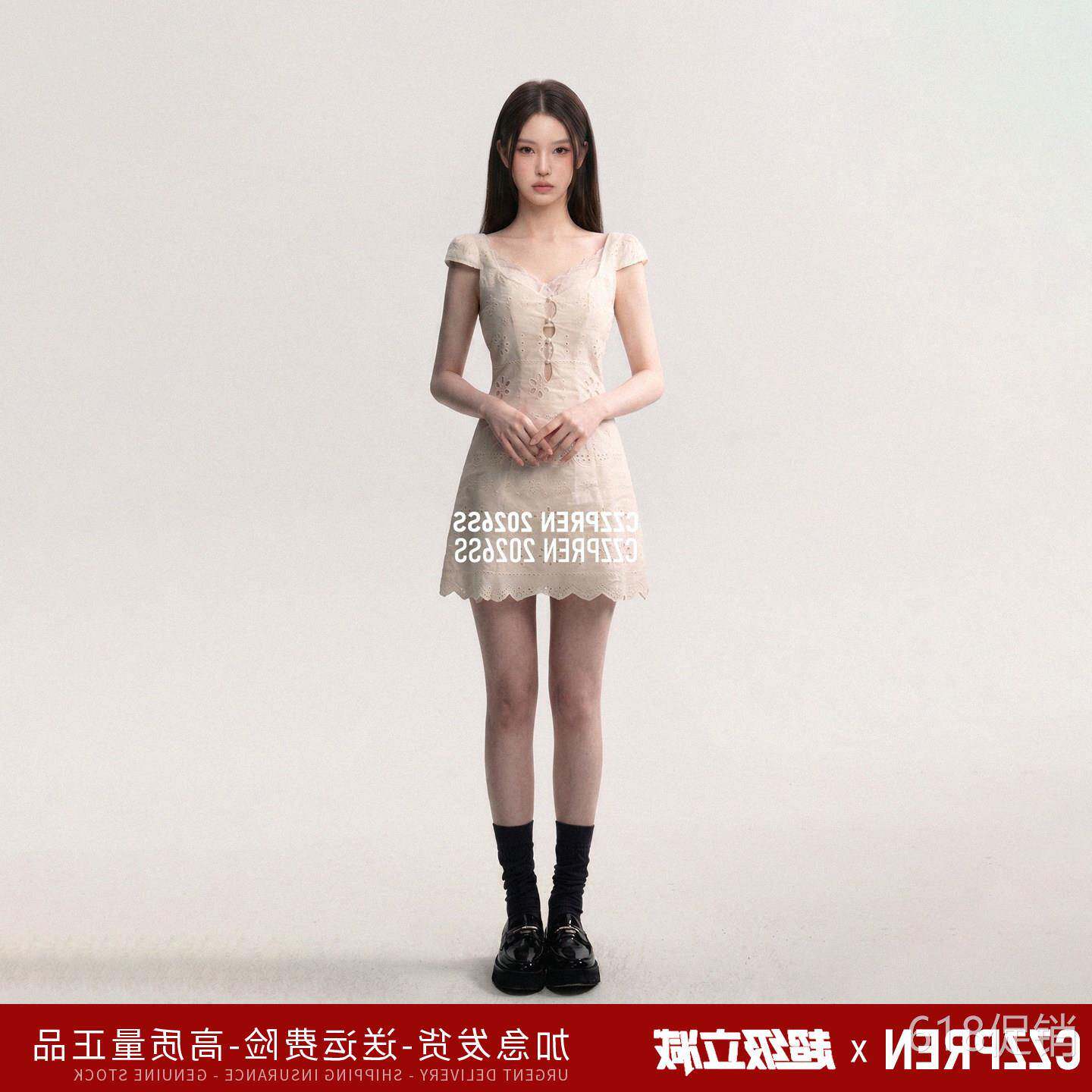 Brangdy橡木苔奶油白简约修身蕾丝拼接连衣裙女夏季肌理感
