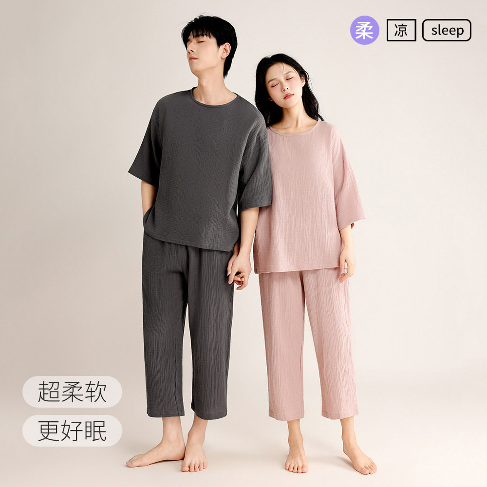 春夏情侣绉布纯棉睡衣套装
