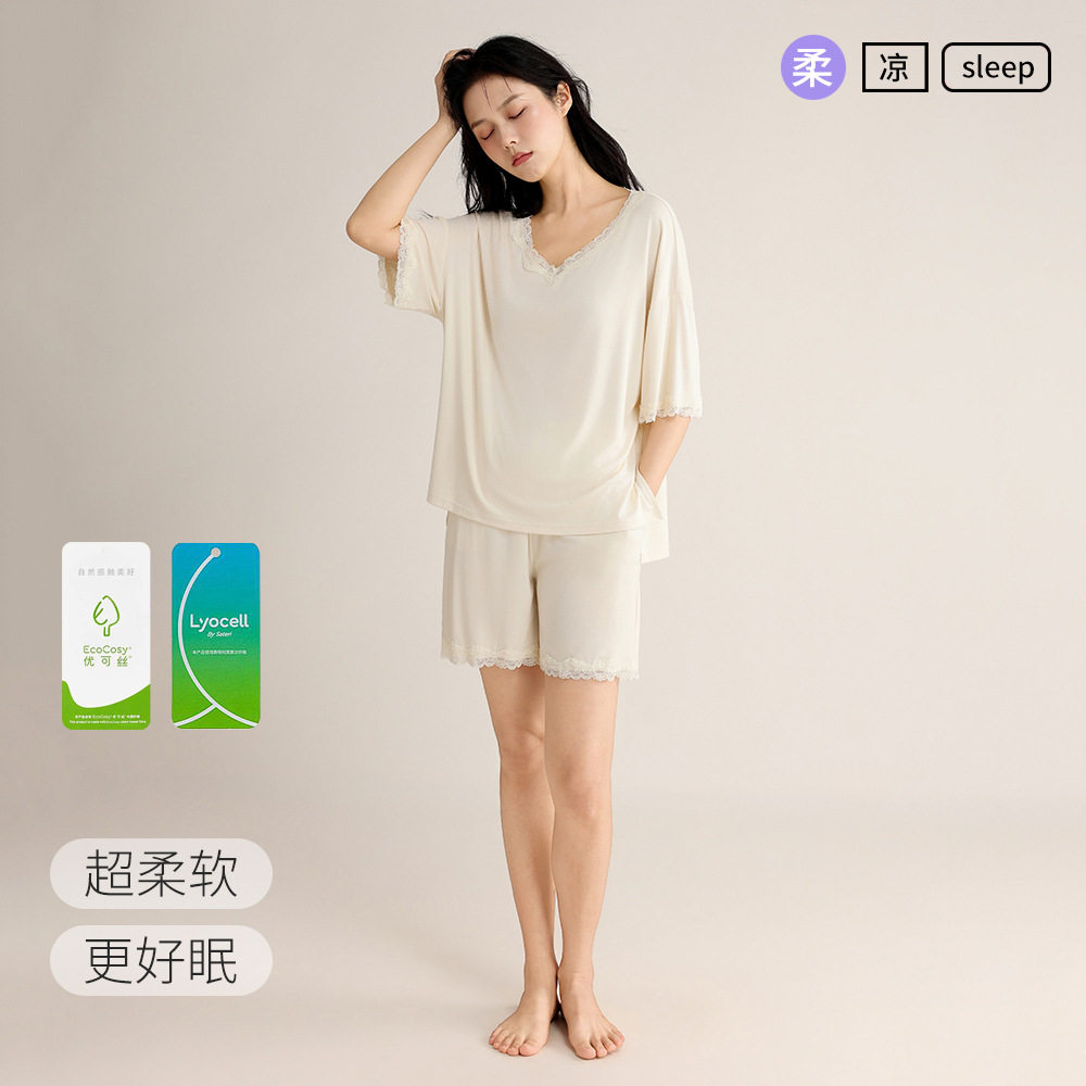 睡衣女夏季亲肤莱赛尔短袖短裤凉感薄款休闲可外穿女士家居服套装