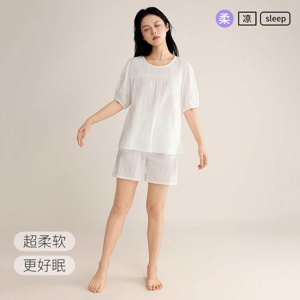 夏款女士提花睡衣镂空花边短袖短裤简约甜美学生纯棉家居服套装薄