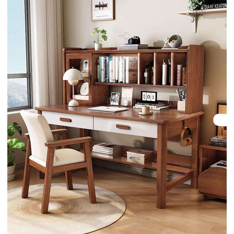 实木书桌书架一体简约家用学生写字桌卧室现代学习桌多功能电脑桌