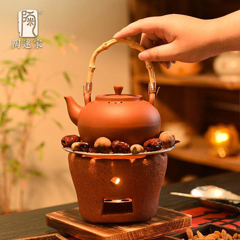陶迷朱泥烧水提梁壶复古廊桥架围炉煮茶手捏炭炉红泥粗陶耐高温壶