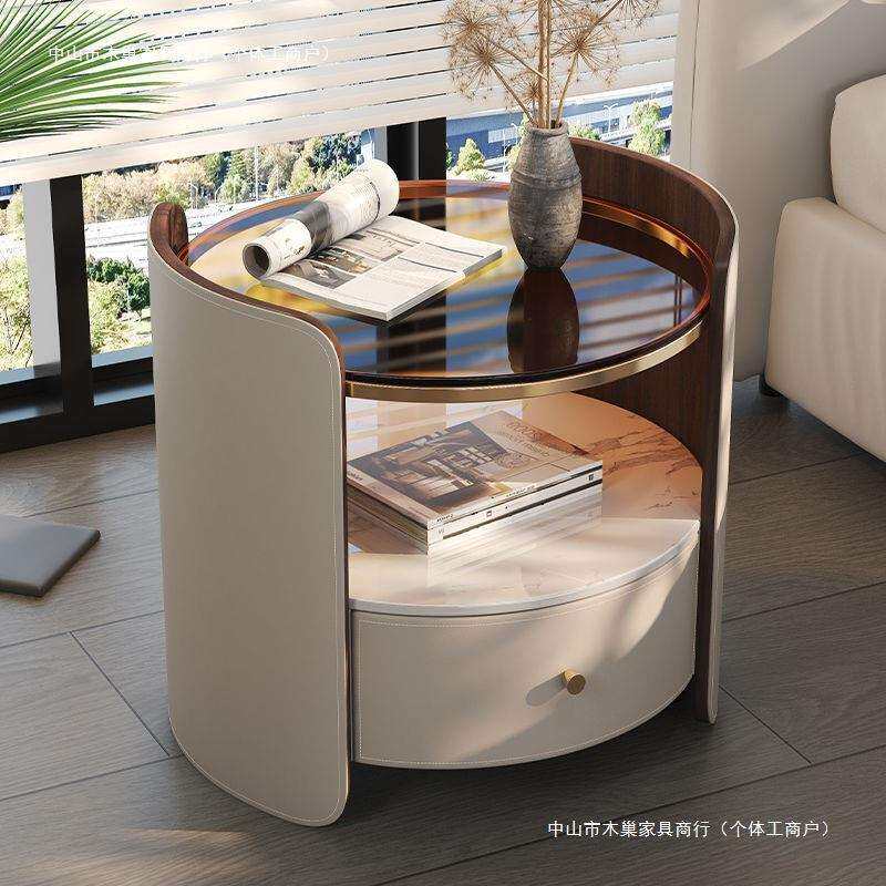 意式圆形床头柜极简马鞍皮现代高端斗柜卧室床边实木收纳小柜子