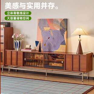 北欧实木电视柜家用客厅落地不锈钢收纳柜小户型储物一体视听柜