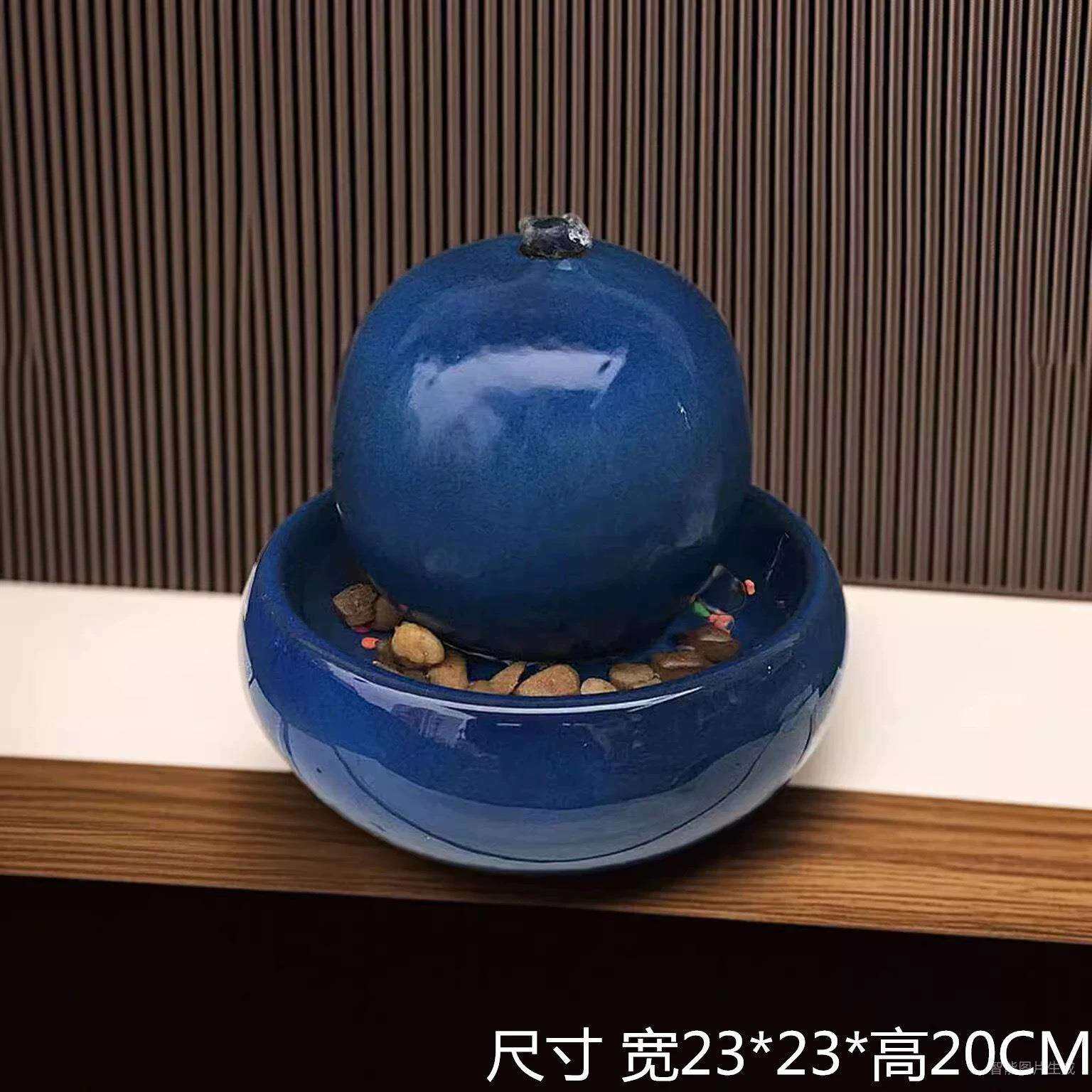 欧式陶瓷喷泉流水加湿器蓝色摆件家居客厅桌面创意水景工艺品摆设