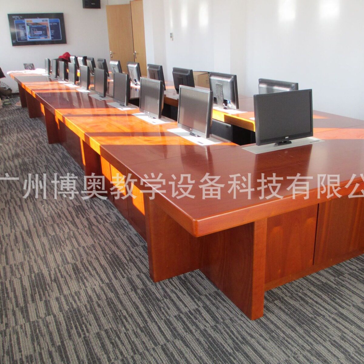多媒体无纸化会议升降系统 自动长方形实木油漆升降电脑会议桌