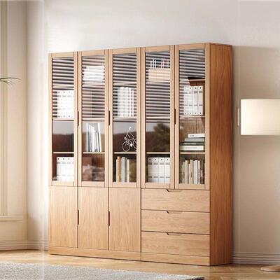 TXP1全实木橡木书柜书架家用带玻璃门原木风现代北欧落地公室文件