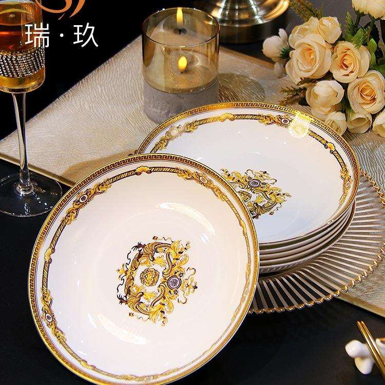家用盘子10个套装欧式8英寸骨瓷菜盘金边饭盘菜碟子微波炉餐具盘