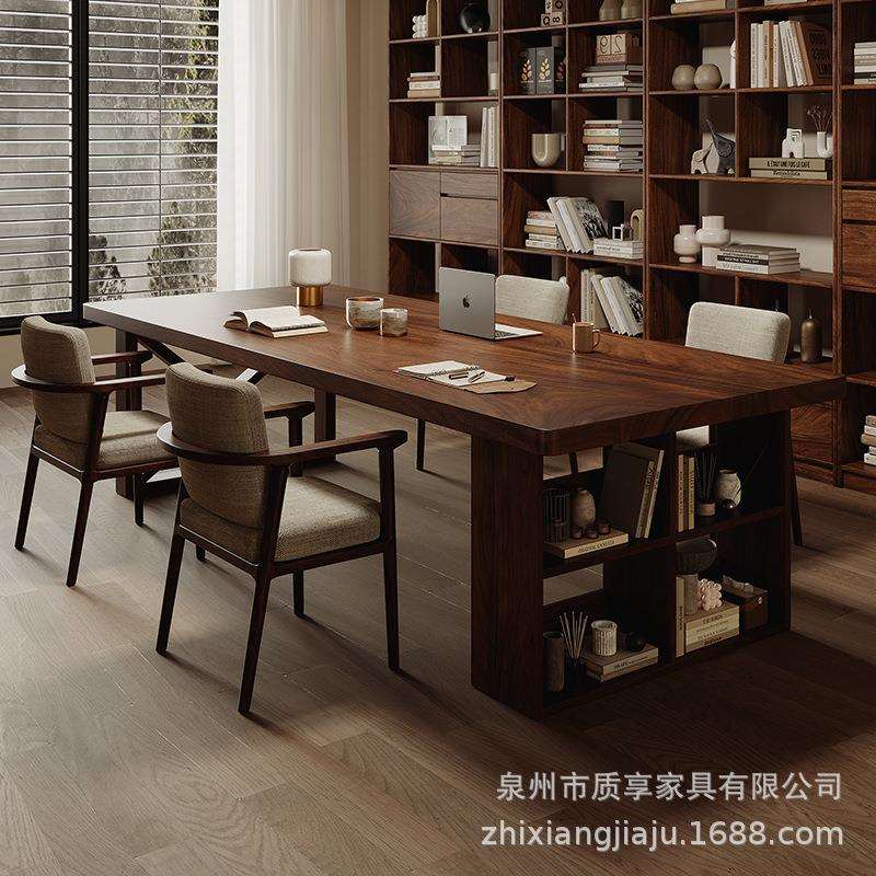南美胡桃木去客厅化大长书桌书柜一体家用全实木大板学习办公桌子
