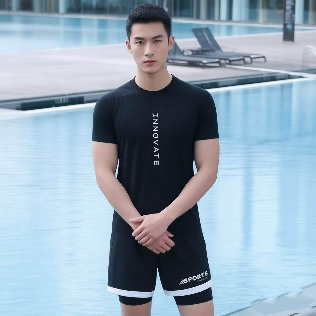 分体游泳衣男款防晒速干上衣温泉短袖青少年平角全身男士泳衣套装