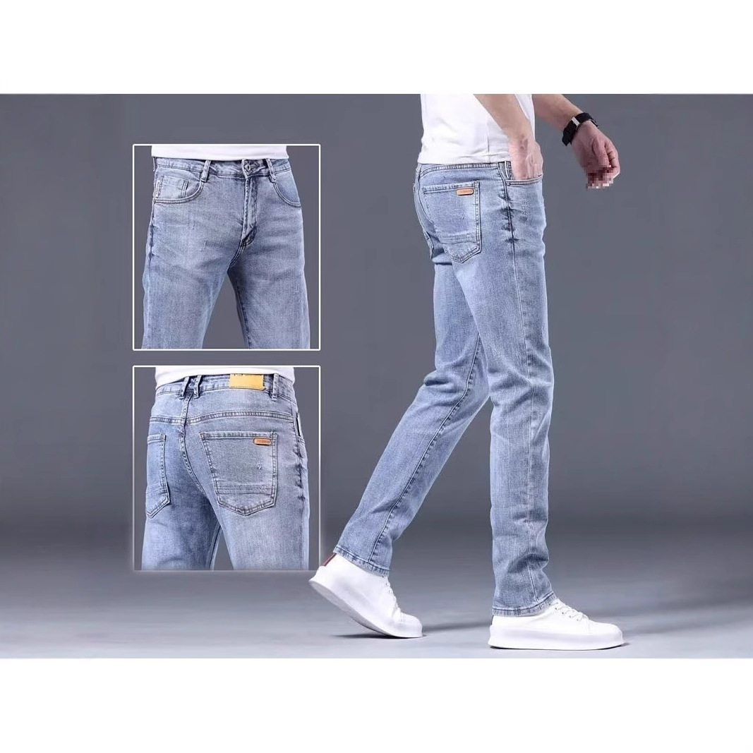香港品牌裤子夏季牛仔裤男修身直筒韩版弹力浅色长裤