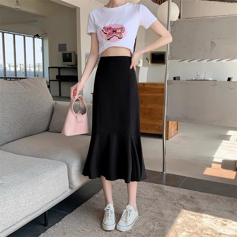大码胖mm西装不规则半身裙女2024新款松紧腰中长款a字黑色鱼尾裙