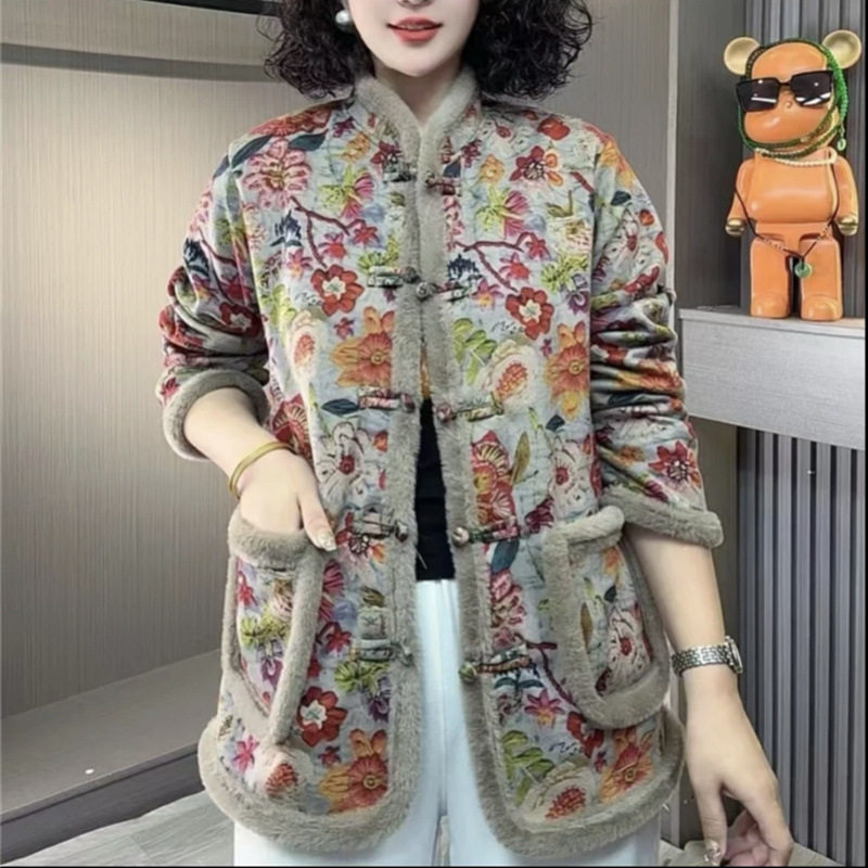 棉衣2024妈妈保暖外套新中式冬季盘扣新款碎花中老年加绒加厚棉服