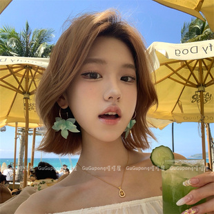 夏日度假风薄荷绿色花朵耳环海边沙滩拍照流苏耳坠高级感夸张耳饰