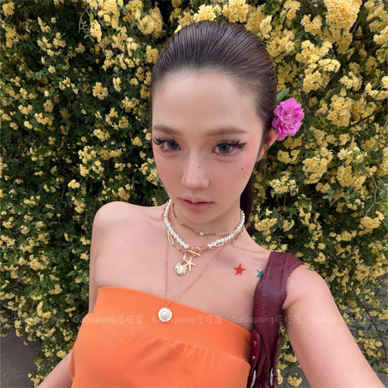 欧美辣妹金色多层海星贝壳串珠项链女夏季海边沙滩度假风颈链配饰