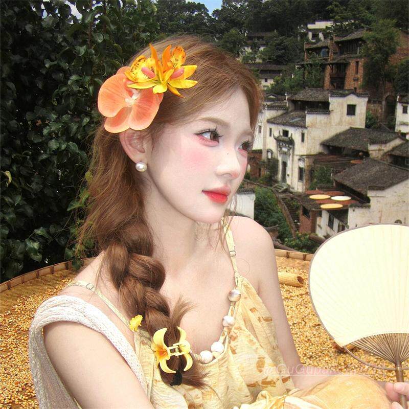 黄色蝴蝶兰头花发夹女春日氛围感仿真花朵侧边夹子度假风拍照发饰
