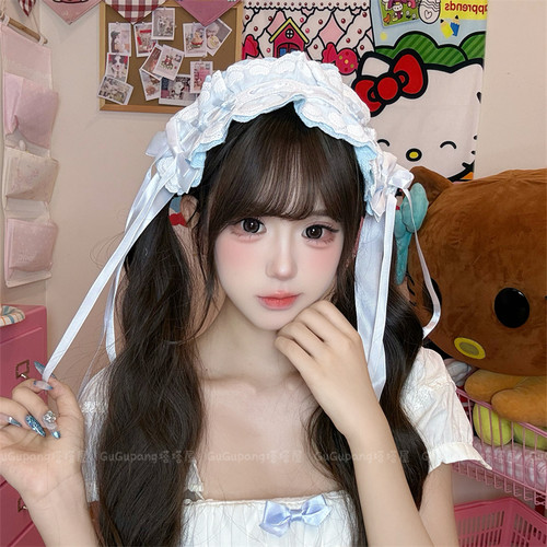 蓝色蕾丝花边蝴蝶结发带
